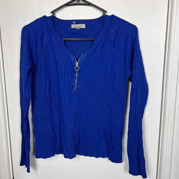 Calvin Klein cobalt blue ribbed 1/4 zip long sleeve sweater. Size m - Picture 2 of 7